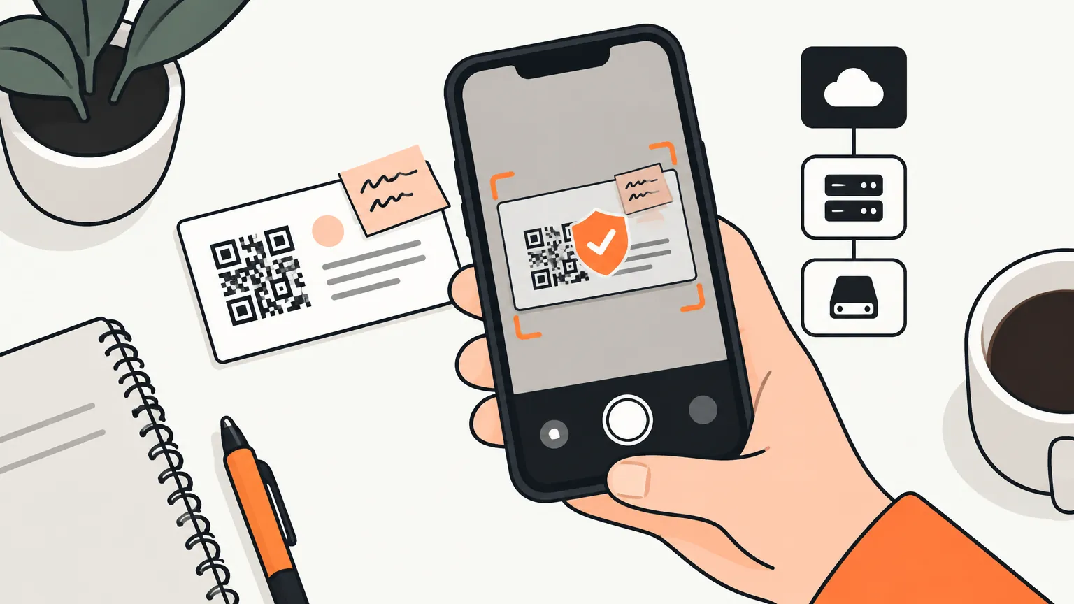 A phone scanning a business card that hides a sticky note, a shield on screen and a chain of three fallbacks beside it.