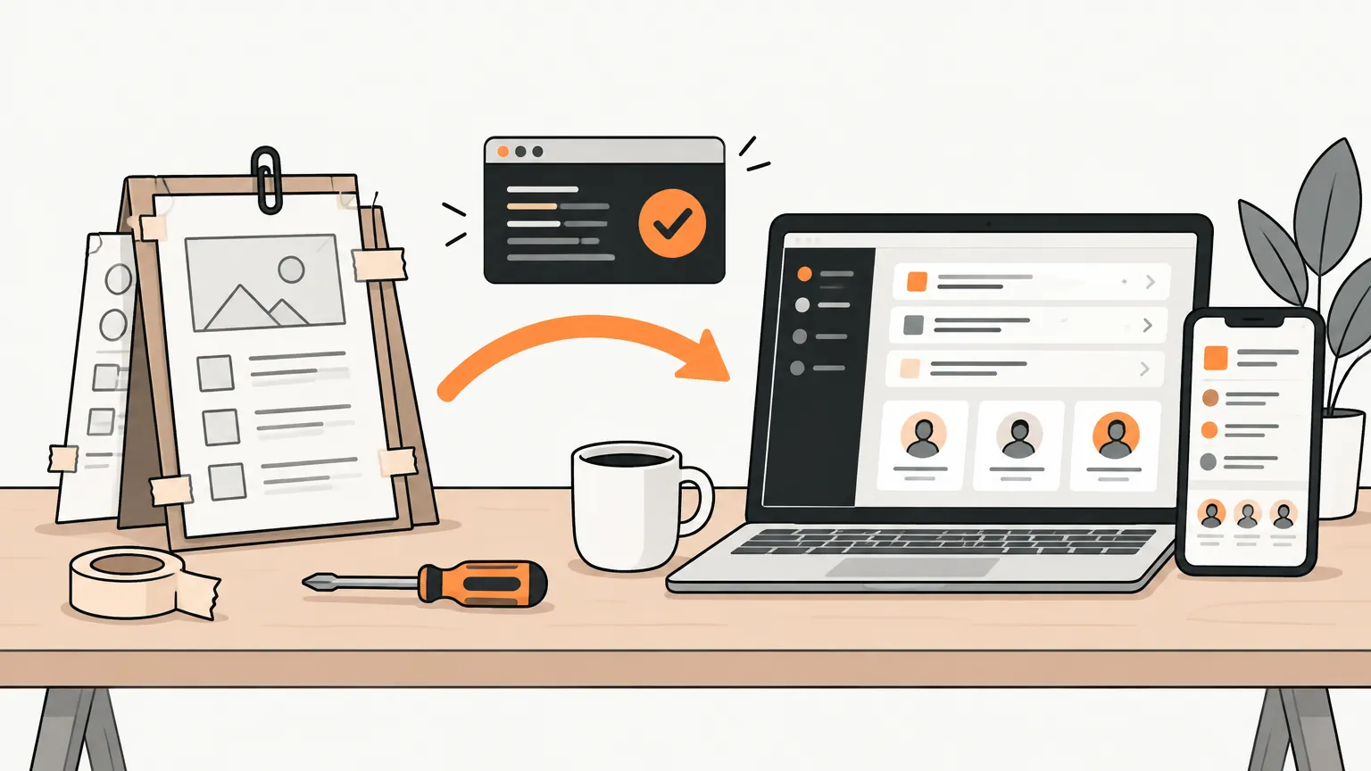 A taped-together paper prototype of an app on the left, the same app solid on a laptop and a phone on the right.