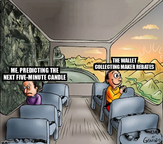 Two guys on a bus meme: the sad one is "Me, predicting the next five-minute candle", the happy one is "The wallet collecting maker rebates".